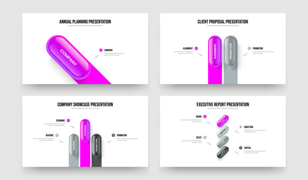 Professional Portfolio 1 2 3 4 Option Diagram Slide Design Bundle. Business Development One Two Three Four Element Infographic Frame Layout Vector Illustration Set.