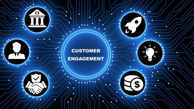 A glowing neon customer engagement concept surrounded by smaller icons for ai and manufacturing process management all connected in a digital circuit like pattern, manufacturing planning