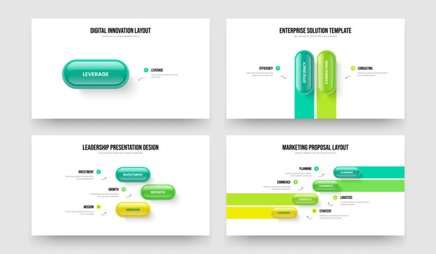 Digital Campaign One Two Three Four Element Diagram Slide Design Vector Illustration Set. Project Showcase 1 2 3 4 Step Infographic Slideshow Layout Collection.