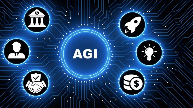 A glowing neon AGI concept surrounded by smaller icons for ai and manufacturing process management all connected in a digital circuit like pattern, manufacturing planning,4k