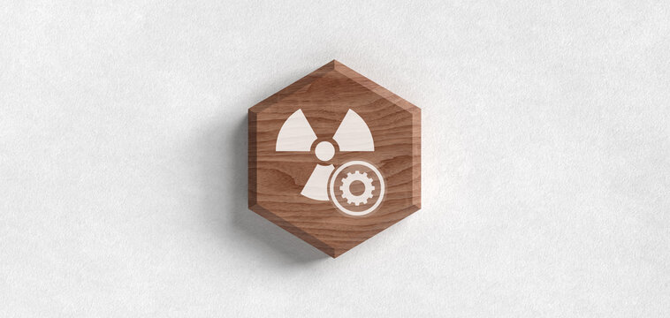 Wooden hexagon icon with a radioactive hazard symbol and a gear cogwheel overlay representing nuclear energy production maintenance or technical industrial management settings