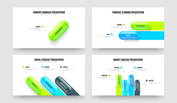 Digital Launch 1 2 3 4 Element Diagram Slide Design Set. Creative Forecast One Two Three Four Step Infographic Slideshow Template Vector Illustration Collection.