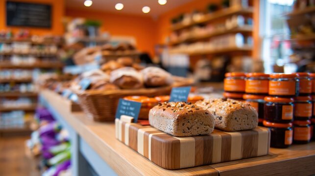 Artisan Bakery Display with Fresh Breads, Pastries, and Jams Ready for Sale