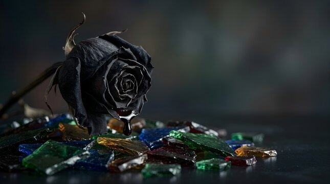Dried black rose with a dark liquid drop on scattered glass shards