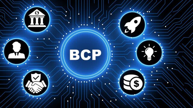 Futuristic Motion Graphics of BCP Business Continuity Planning Concept on Digital Circuit Board Background, Global Networking Corporate Success, High Tech Innovation Animation for Risk Management.