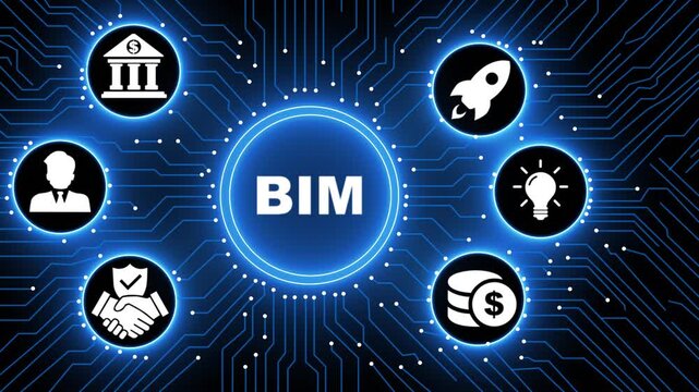 Futuristic Motion Graphics of BIM Building Information Modeling Concept on Digital Circuit Board Background, Global Networking Corporate Success, High Tech Innovation Animation for Architecture.