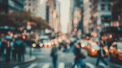 Obraz premium Blurred urban street scene with bustling crowds and traffic, evoking a sense of city life and movement