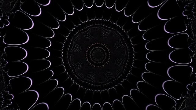 The intricate dark fractal pattern features a seamless spiraling motion with soft neon glow effects and symmetrical geometric shapes that expand from a central point in a deep black space.