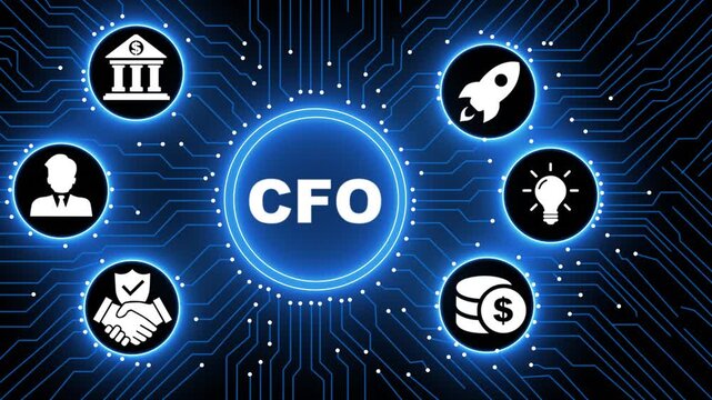 Futuristic Motion Graphics of CFO Chief Financial Officer Concept on Digital Circuit Board Background, Global Networking Corporate Success, High Tech Innovation Animation for Economy.