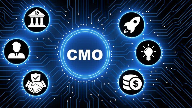 Futuristic Motion Graphics of CMO Marketing Concept on Digital Circuit Board Background, Global Networking Corporate Success, High Tech Innovation Animation for Brand Leadership.