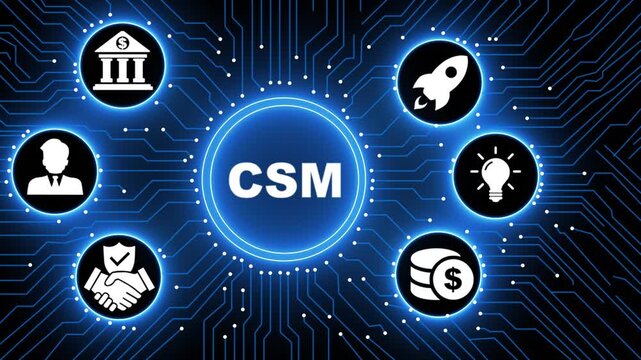 Futuristic Motion Graphics of CSM Customer Success Concept on Digital Circuit Board Background, Global Networking Corporate Success, High Tech Innovation Animation for Management.