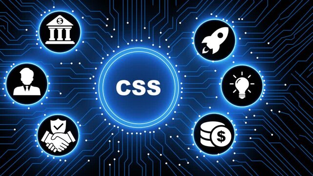 Futuristic Motion Graphics of CSS Web Design Concept on Digital Circuit Board Background, Global Networking Corporate Success, High Tech Innovation Animation for Programming.