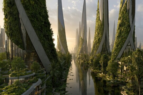 futuristic cityscape with green skyscrapers and waterways