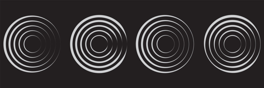 Red concentric ripple circles set. Sonar or sound wave rings collection. Epicentre, target, radar icon concept. Radial signal or vibration elements. Halftone vector illustration 