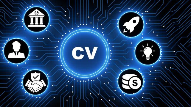 Futuristic Motion Graphics of CV Curriculum Vitae and Computer Vision Concept on Digital Circuit Board Background, Global Networking Corporate Success, High Tech Innovation Animation for HR.