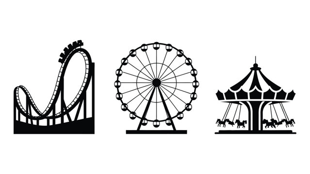 Black and white illustration of amusement park rides and carousel on transparent background