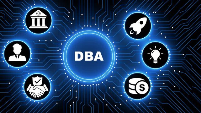 Futuristic Motion Graphics of DBA Database Administrator Concept on Digital Circuit Board Background, Global Networking Corporate Success, High Tech Innovation Animation for Data Management.