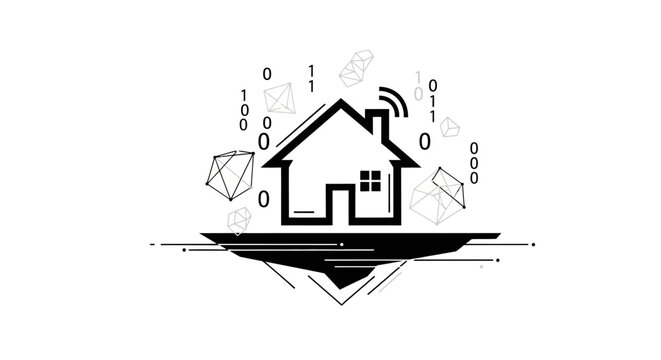 Smart Home Icon with Digital Data Flow and Geometric Shapes