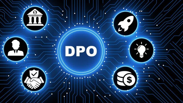 Futuristic Motion Graphics of DPO Data Protection Officer Concept on Digital Circuit Board Background, Global Networking Corporate Success, High Tech Innovation Animation for GDPR.