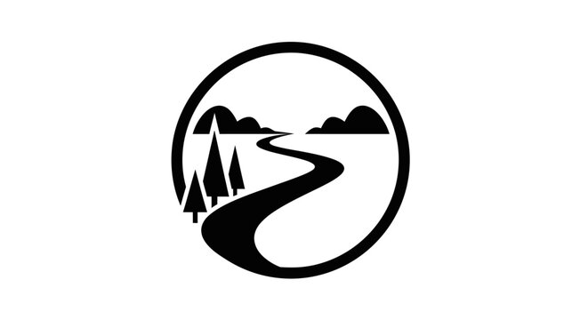 Stylized Circular Landscape Logo with Winding Road and Trees