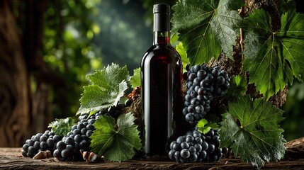 Obraz premium Dark Red Wine Bottle Surrounded by Fresh Grapes and Lush Greenery in a Vineyard Setting