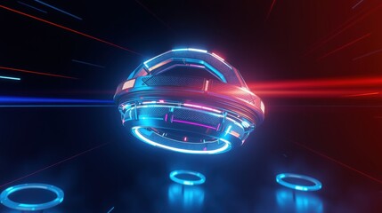 Fototapeta premium Futuristic sphere floats amid glowing lines, dark background. Neon illumination creates dynamic visual effect. Minimalist design.