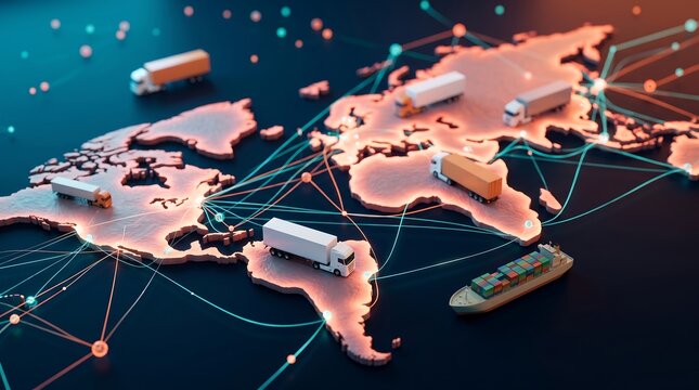 Global Logistics Network illustrates efficient worldwide supply chain, digital distribution, international freight transportation, ideal for business strategy and e-commerce.