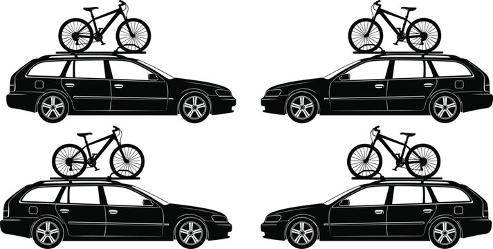 Car with rooftop bicycle silhouette collection featuring outdoor travel transportation and cycling adventure lifestyle concepts