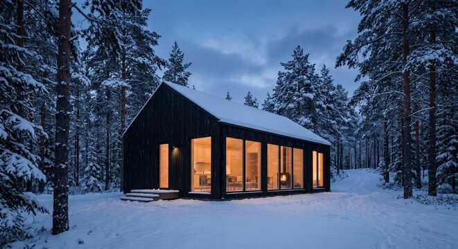 Modern Nordic Cabin in Snowy Pine Forest