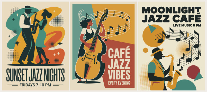 Vibrant jazz posters evoke nighttime energy and rhythm. Silhouettes dance, play, and sway under musical notes. Colors pulse with warmth and movement, capturing soulful vibes