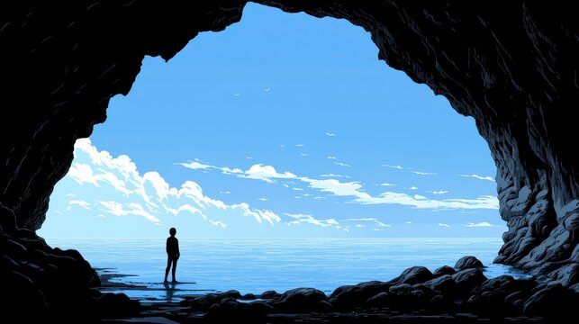 Silhouette of person standing in a cave opening, gazing at a serene ocean view under a bright blue sky with fluffy clouds.