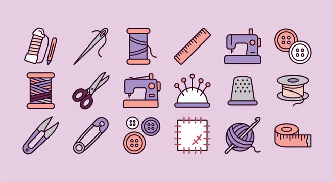 Sewing and tailoring icon set with needle thread spool scissors sewing machine buttons safety pin thimble measurement tape and knitting yarn