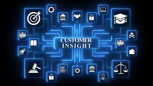Customer insight analysis revealing behavioral patterns, preferences and data-driven support informed decisions within a digitally connected business environment.4k Animated motion video.