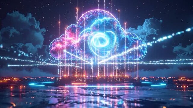 Glowing cloud computing concept with data transfer over a futuristic city
