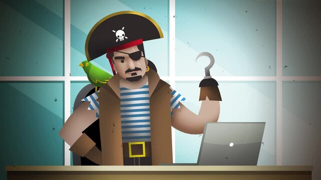 pirate with hook parrot and eyepatch using computer for software piracy