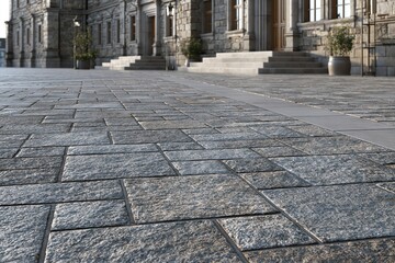 Obraz premium Detailed View of Textured Stone Pavement in Front of Grand Stone Building with Steps