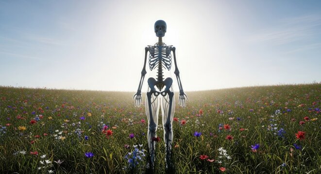Skeleton standing in a field of wildflowers