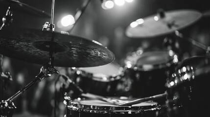 Obraz premium Close-up Black and White Shot of a Drum Kit with Sticks Ready to Play on Snare Drum