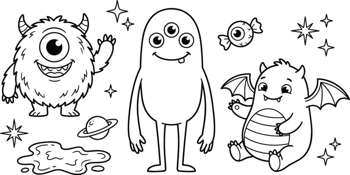Cute Cartoon Space Monster and Alien Character Vector Set for Kids Coloring Pages with Stars and Planets