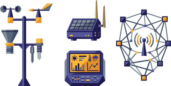 Modern weather station equipment and smart technology for environmental monitoring and data transmission.