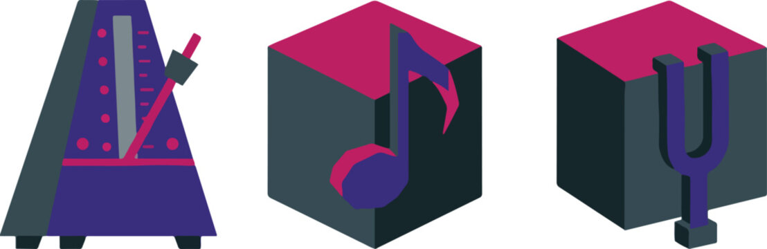 Music theory and audio equipment vector icons with mechanical metronome tuning fork and sound note block.