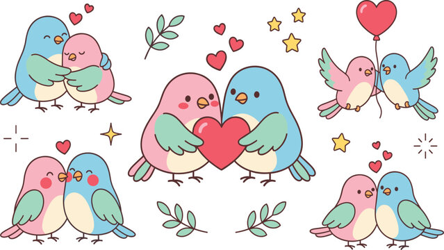 Cute Kawaii Love Bird Couples Hugging Heart Balloon Valentine's Day Cartoon Vector Illustration Set Collection