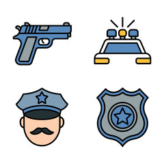 Police icons: handgun, patrol car, officer, badge © Shil