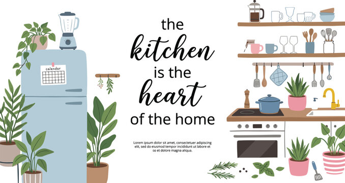 Cozy kitchen typography illustration with decorative plants cookware shelves and inspirational home interior quote design