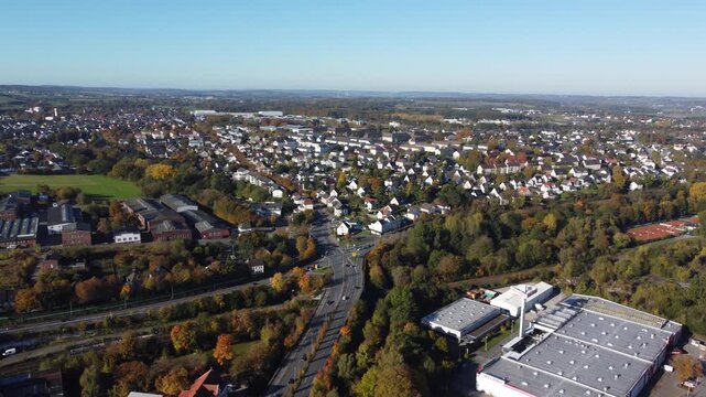 Aerial view flying over menden city, sauerland, germany