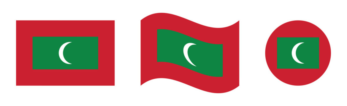 Maldives Flag Vector Bundle Flat, Waving and Circle National Emblem Icons