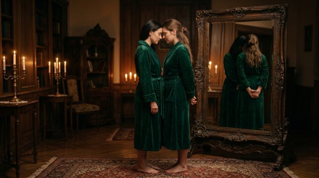 A mirror reflection showing a different angle of the same pose (two women, foreheads touching)