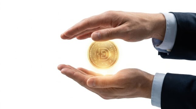 Businessman Hands Holding Glowing Golden Dogecoin DOGE Cryptocurrency Coin on White Background - Digital Finance and Investment Concept