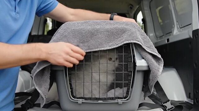 Man covers pet carrier with towel while preparing to transport cat in vehicle interior