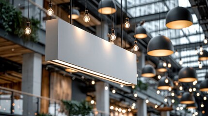 Fototapeta premium Blank white sign hanging from ceiling amidst vintage Edison bulbs and modern pendant lights in a commercial interior